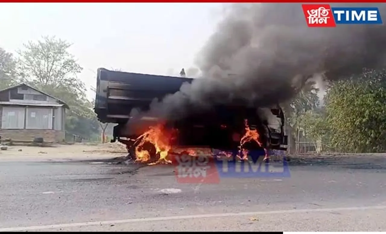 Assam: Dumper Engulfed in Flames on NH17 in Bilasipara