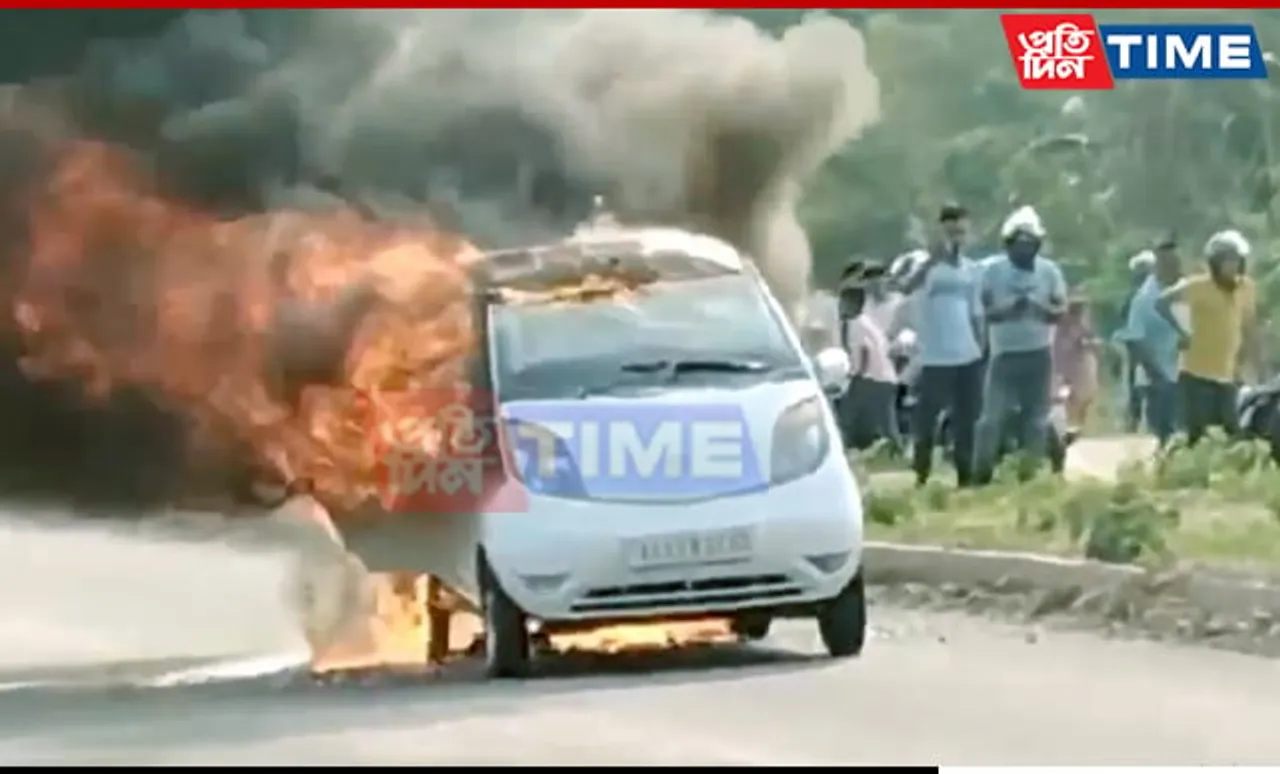Assam: Tata Nano Gutted in Mysterious Highway Fire; Occupants Escape Unscathed