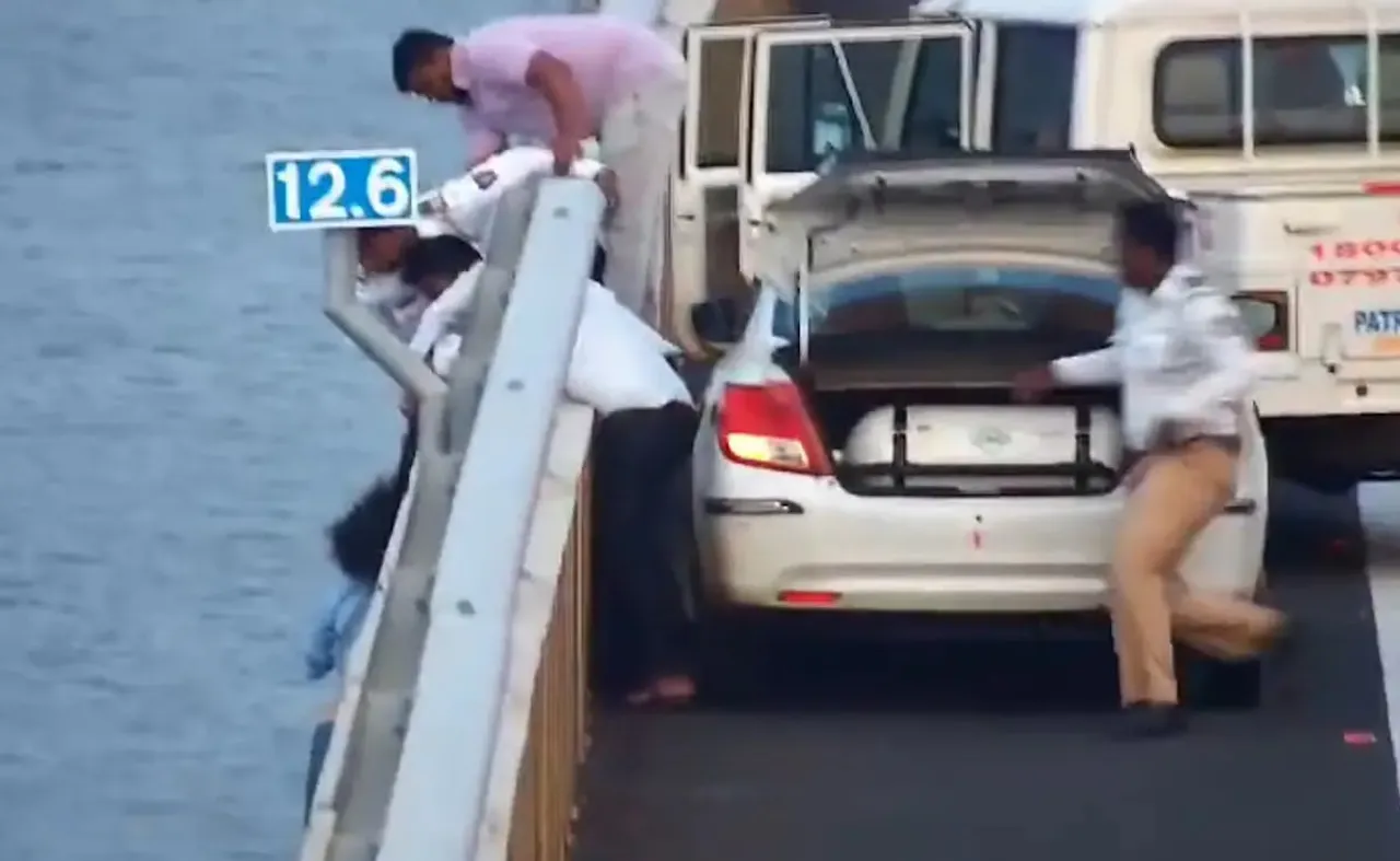 WATCH: Dramatic Rescue as Cab Driver, Cops Save Woman from Jumping Off Mumbai's Atal Setu