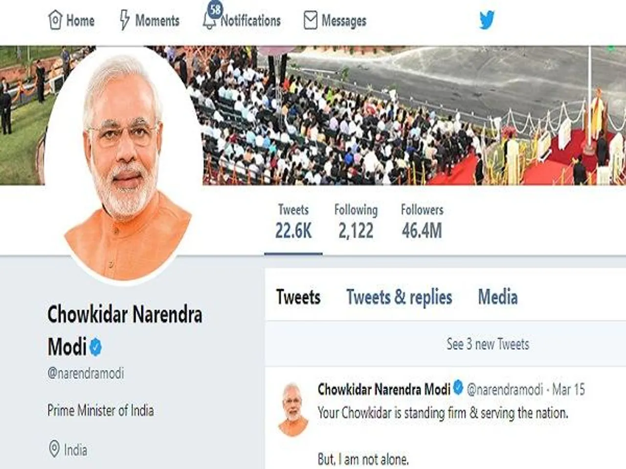 PM Modi changes Twitter name to ‘Chowkidar Narendra Modi’