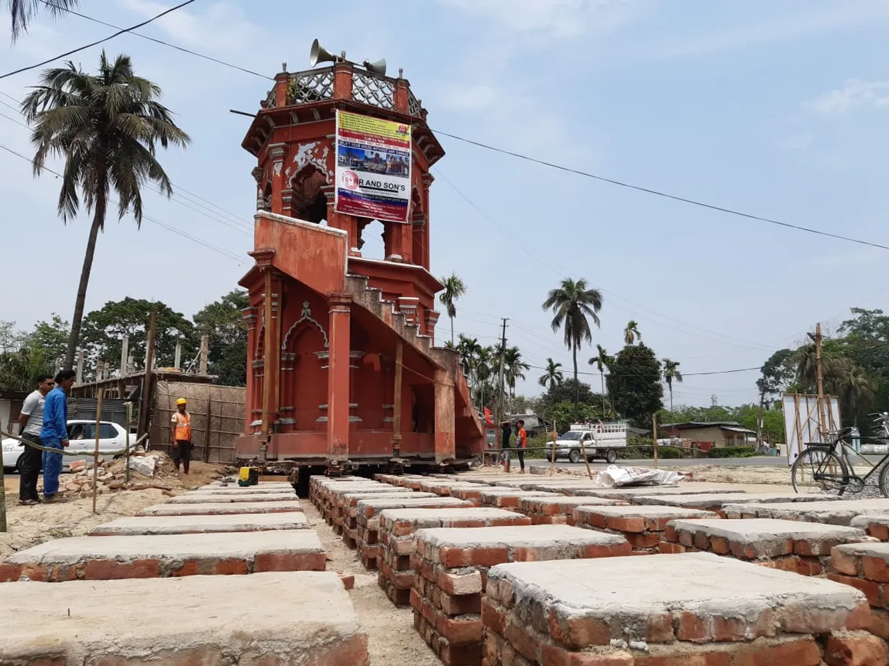 Ancient minar in Puranigudam being shifted