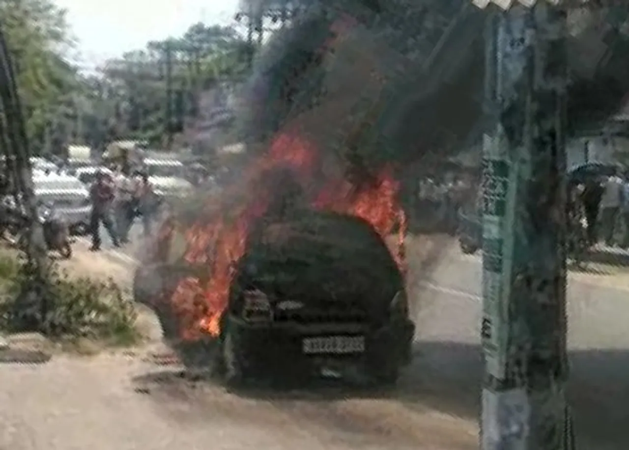 Car catches fire in Jorhat