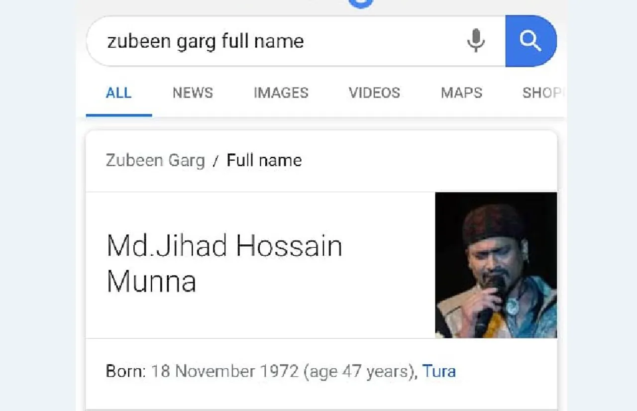 Google shows Muslim Name when you search ‘Zubeen Garg Full Name’