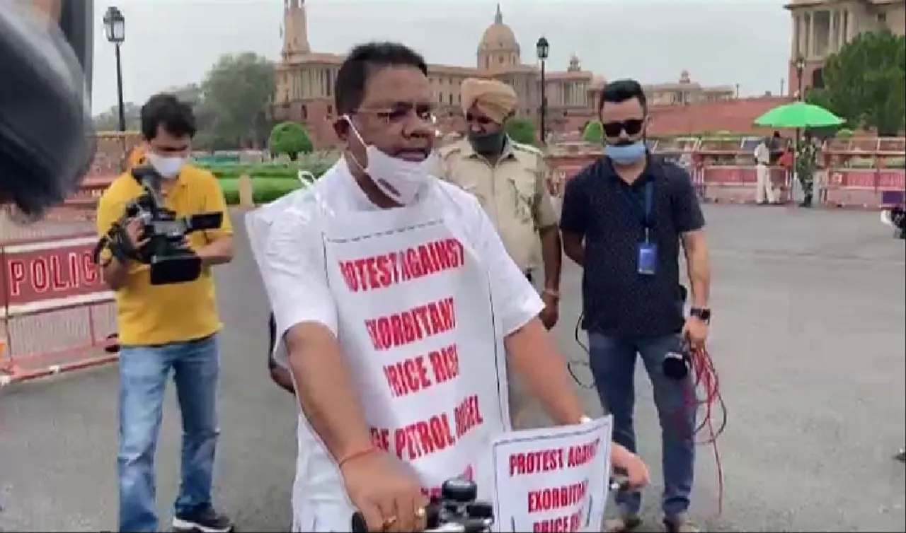 Delhi: Ripun Bora Rides Bicycle to Parliament in Protest Against Fuel Price Rise