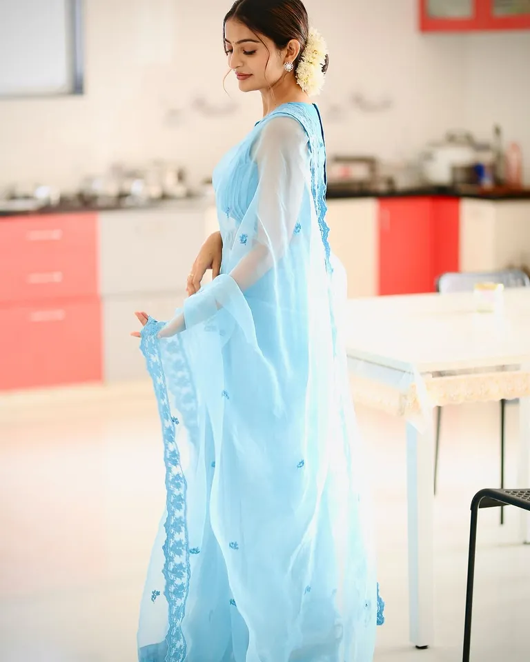 Ananya stunning  blue saree pics