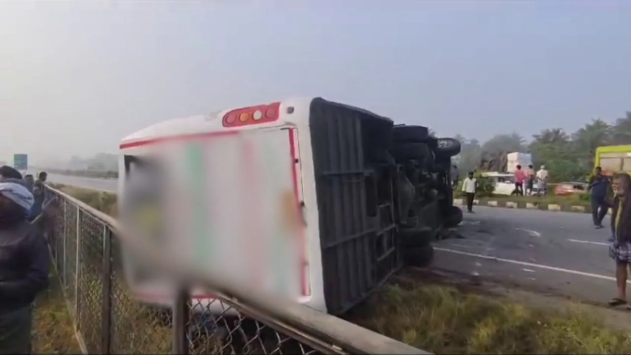 Travels bus overturns on Sullurpet Highway in Tirupati, AP