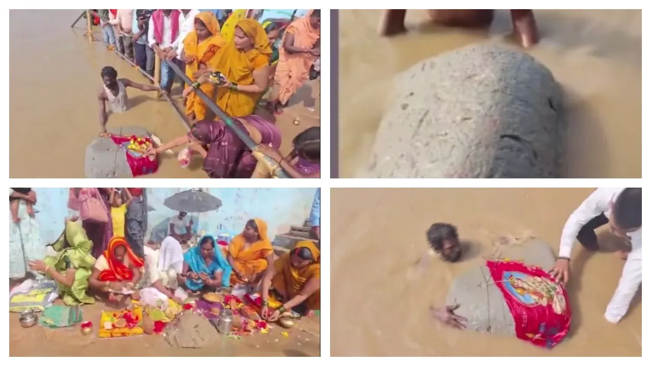 Ram Setu stone floating in the Ganges River in Ghazipur