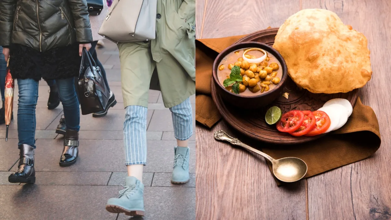 walking and Chole bhature