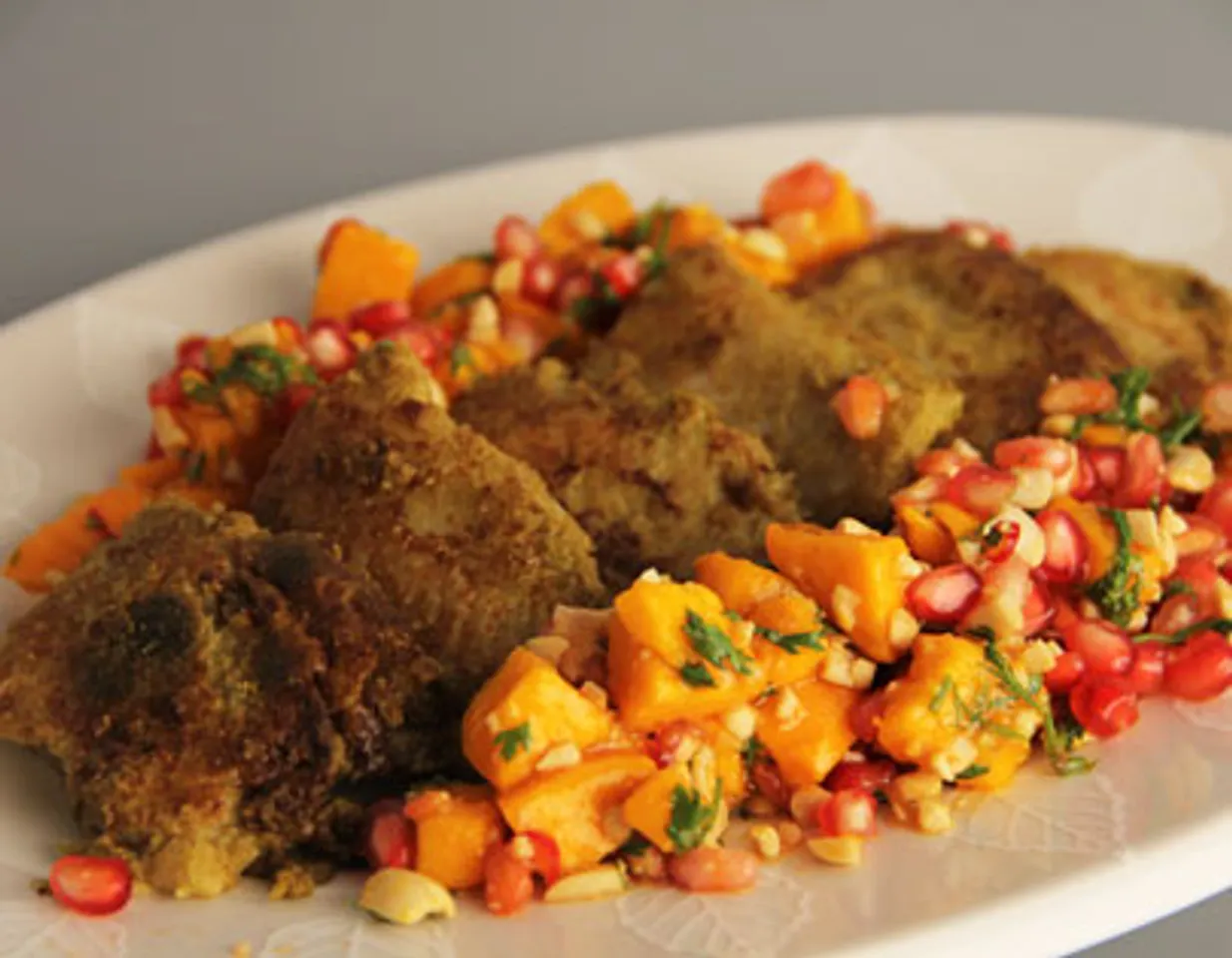Fish in Green Curry with Mango Pomegranate Salad