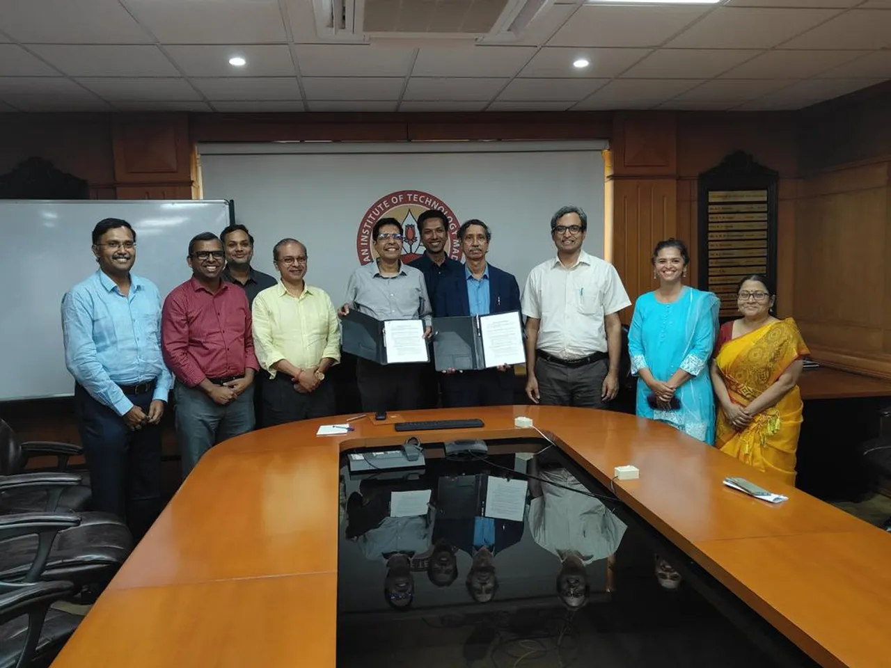 Prof V Kamakoti, Director, IIT Madras  Prof A Seshadri Sekhar, Director, IIT Palakkad, with the MoU at IIT-M Campus towards their collaboration on 14 Nov