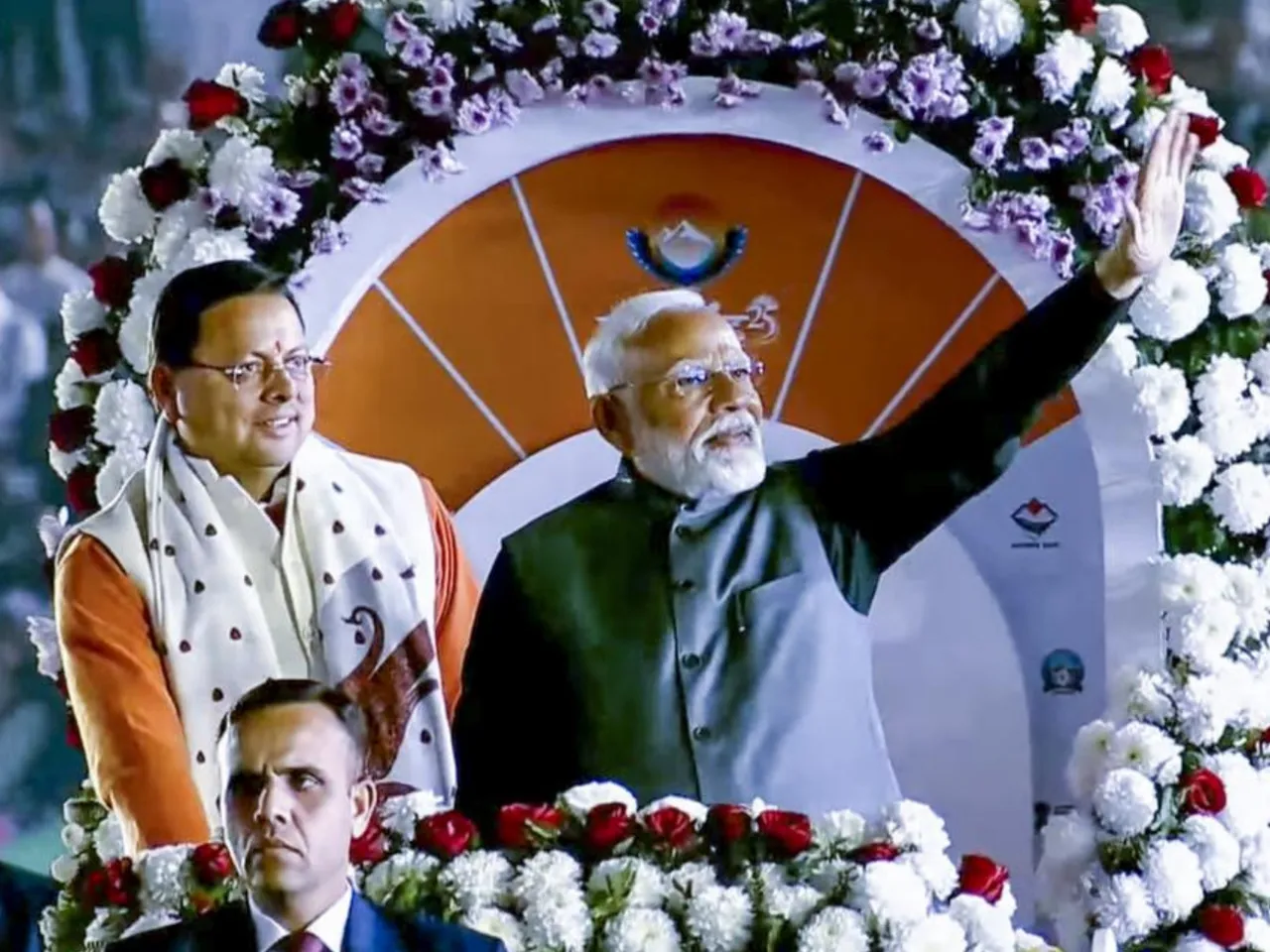 Prime Minister Narendra Modi with Uttarakhand Chief Minister Pushkar Singh Dhami during the opening ceremony of the 38th National Games