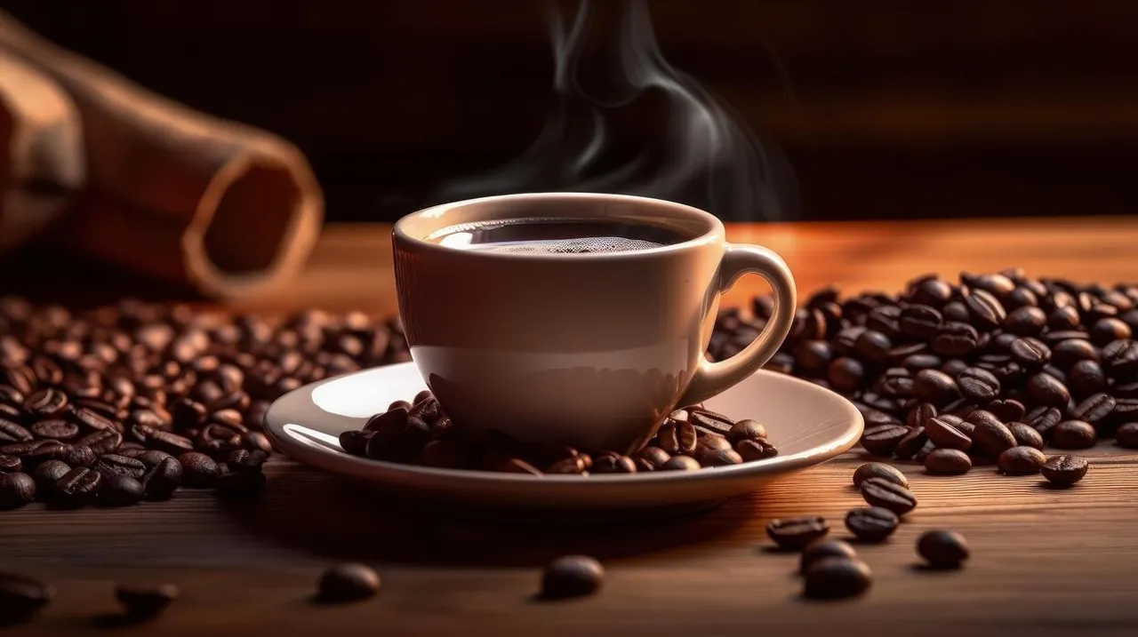 coffee-beans-and-a-cup-of-black-coffee-on-a-wooden-table-illustration-ai-generative-free-photo