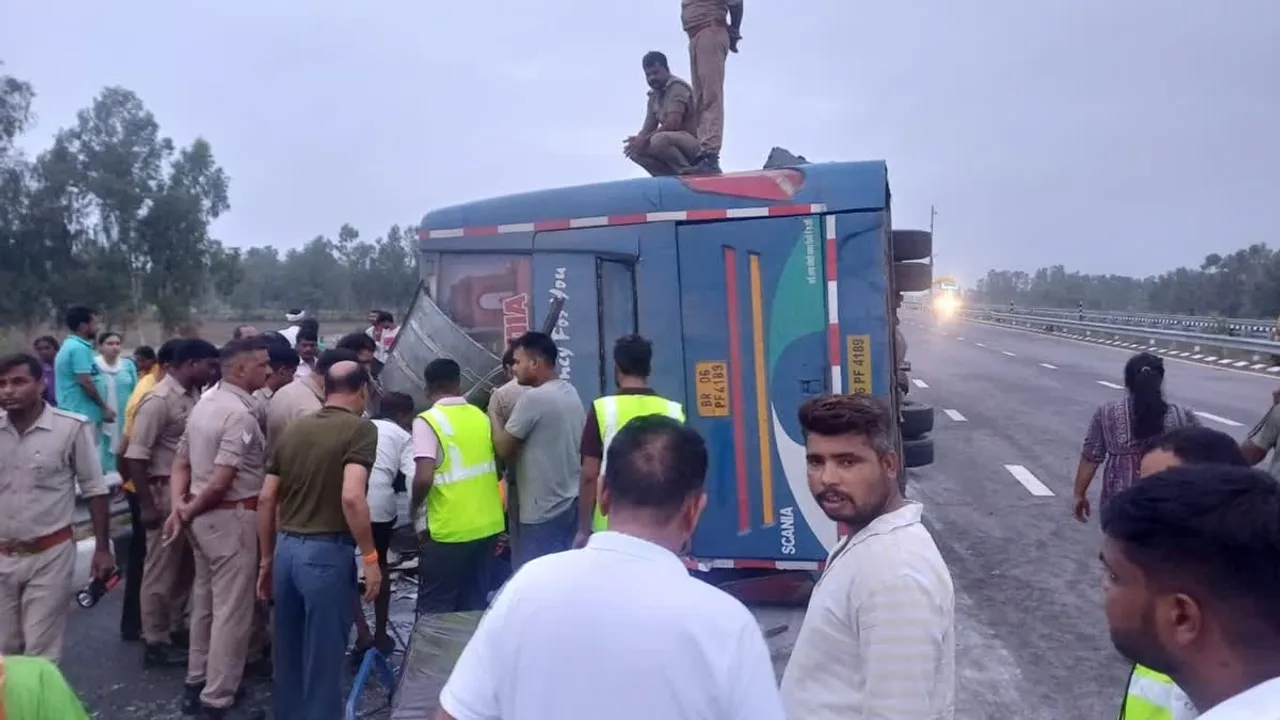 Bus Overturns Purvanchal Expressway