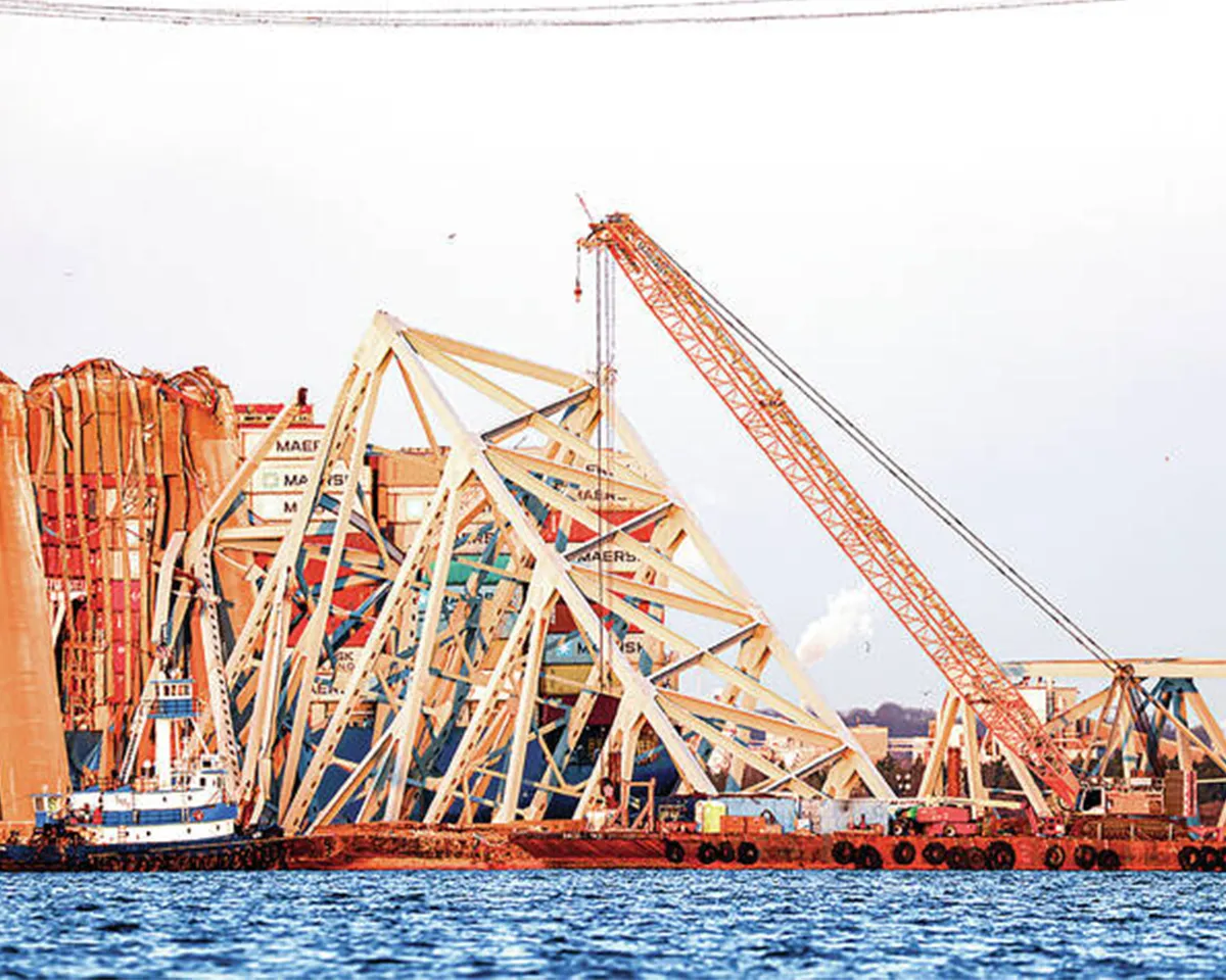  first piece of twisted steel from collapsed Baltimore bridge