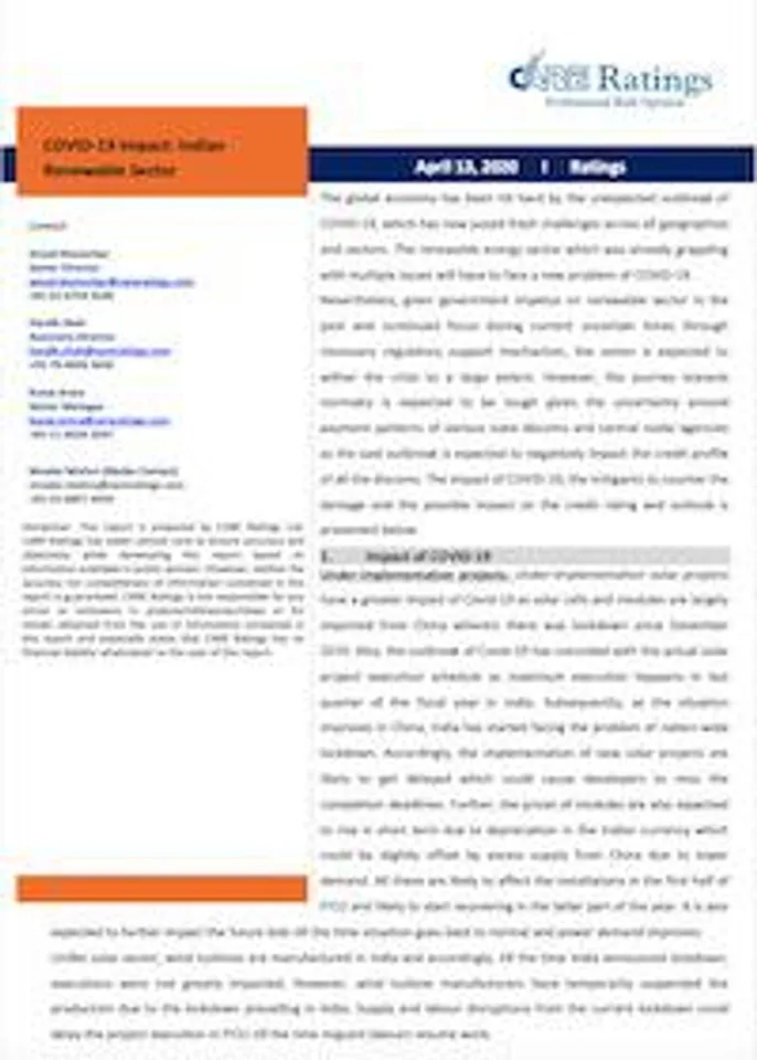 CARE Ratings Report on COVID-19 Impact: Indian Renewable Sector