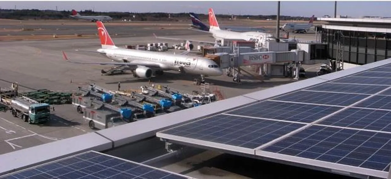 Solar panels at the Narita Airport in Japan. Representative image. Airports that harness solar energy face a challenge as glare from solar panels can cause flash blindness and obstruct view for the pilots. Photo by Takashi M/Flickr.