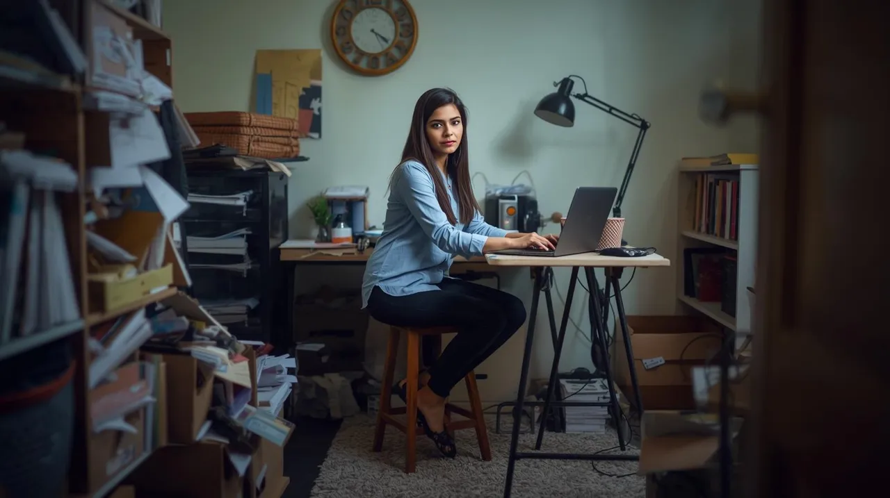 indian corporate woman sitting at a make-do workspace, messy work from home space. on stool
