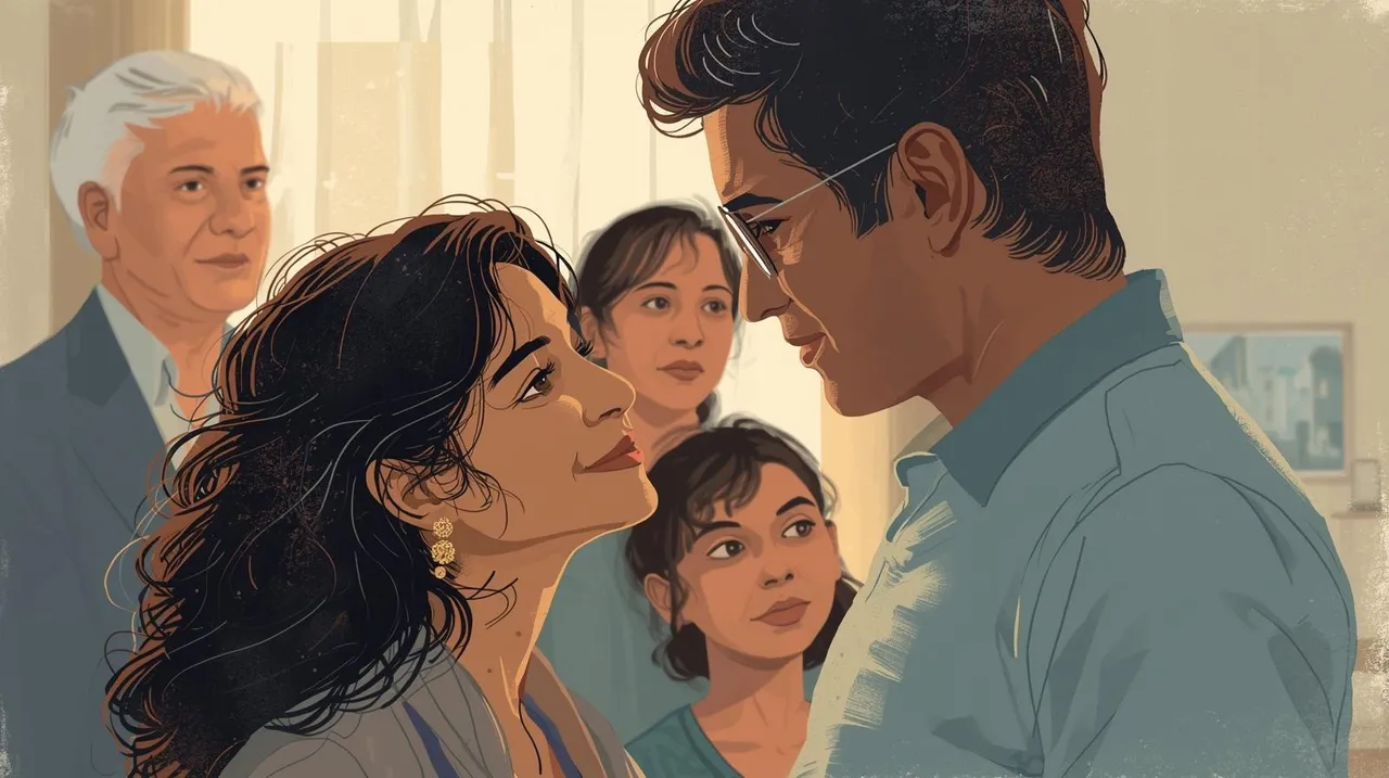indian middle-aged urban woman and man looking romantically at each other while a old couple and a young girl behind the woman_ illlustration. (1)