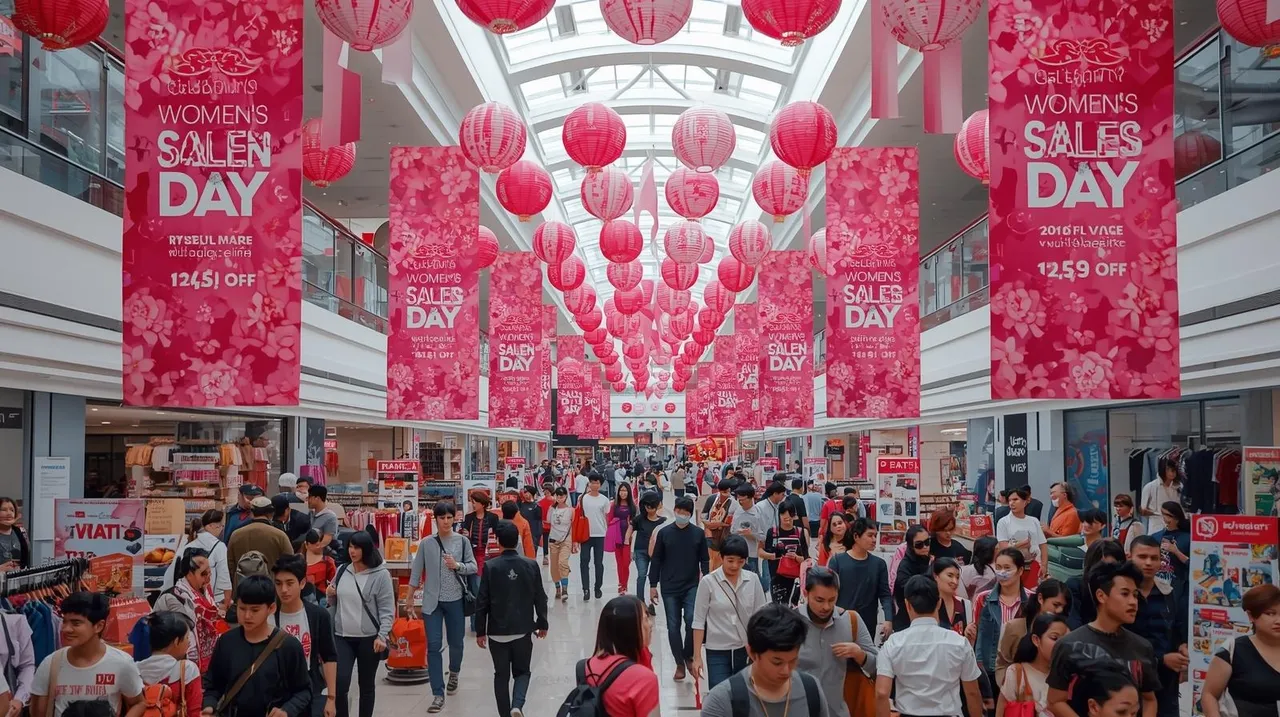 create image of a shopping mall with womens day sale banners, pink posters