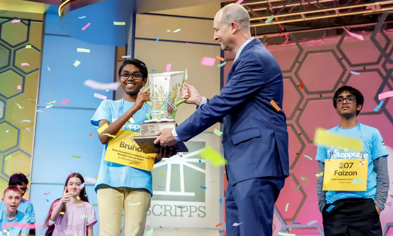 Evelyn Hockstein/Reuters,Bruhat Soma from Florida wins the Scripps National Spelling Bee over Faizan Zaki from Texas on Thursday in National Harbor, Maryland.