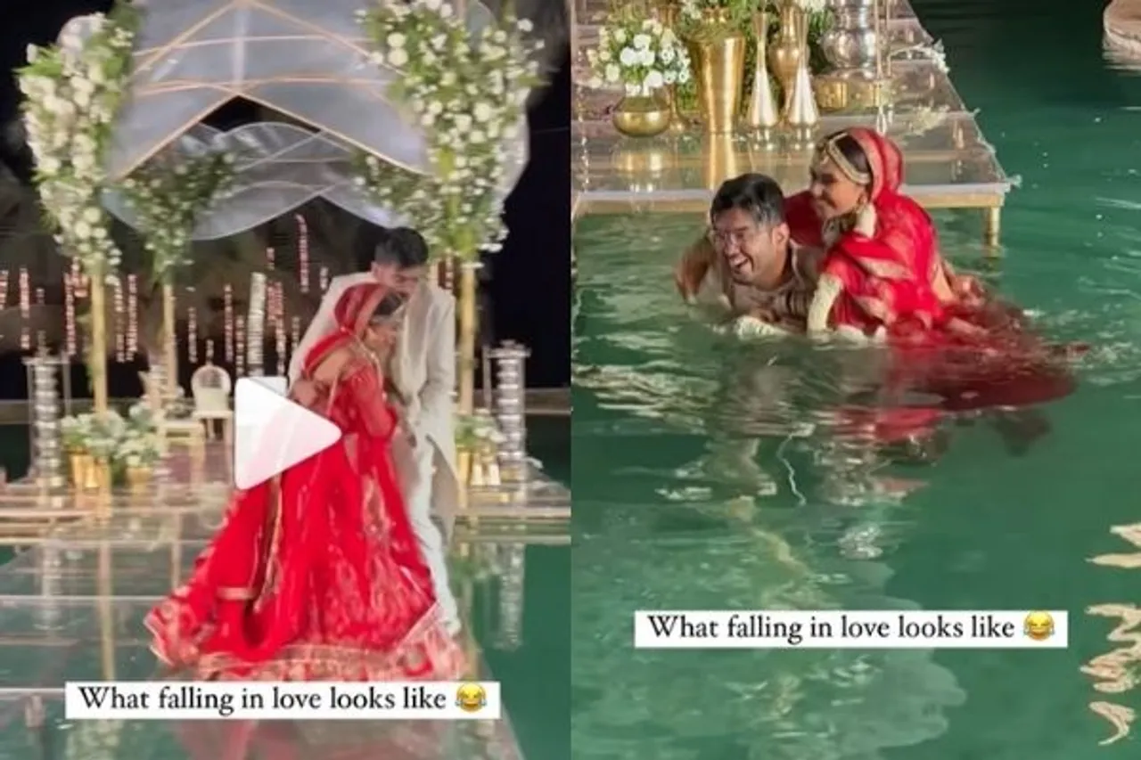 bride pushes groom