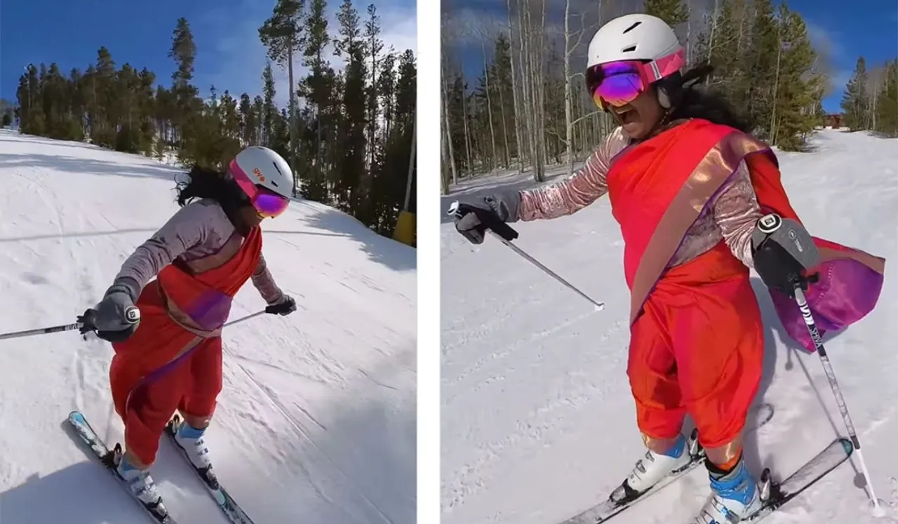 Woman Skiing In Saree