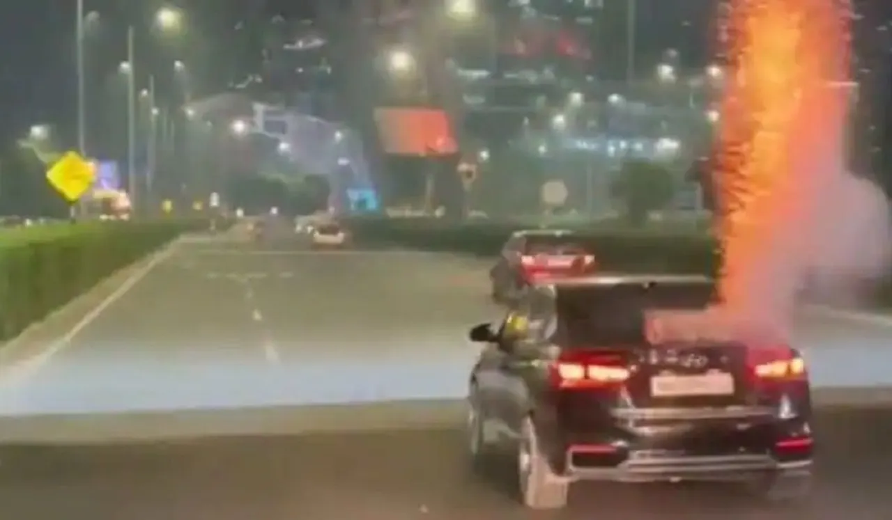 Firecrackers Bursting From Moving Car