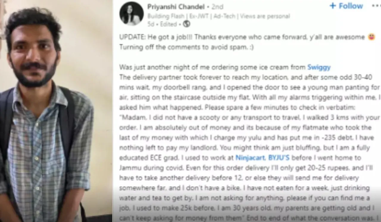 Heartwarming! LinkedIn User Helps Food Delivery Man Find New Job