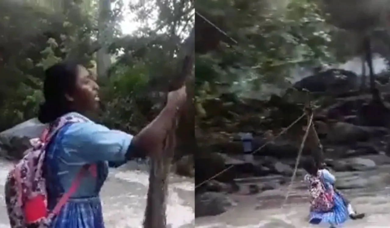 Girl Zipling To Reach School