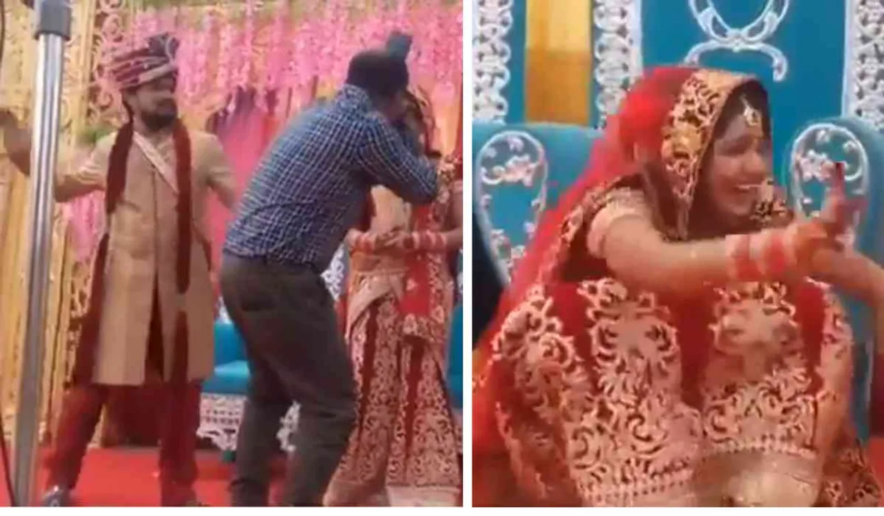 Bride laughs hysterically her wedding stage