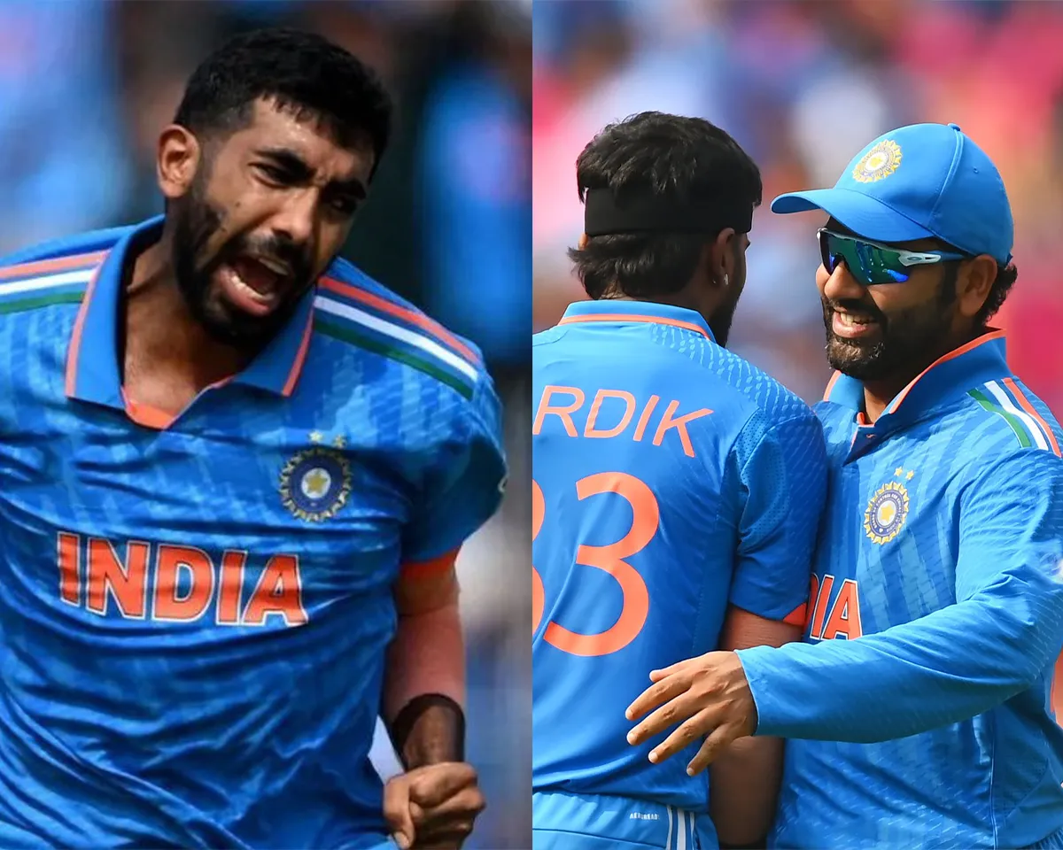 Jasprit Bumrah (left), Hardik Pandya & Rohit Sharma (right)