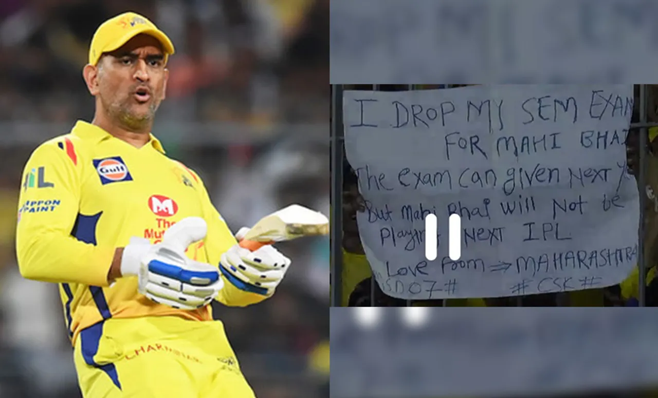 MS Dhoni and a fan with placard (Source - Twitter)