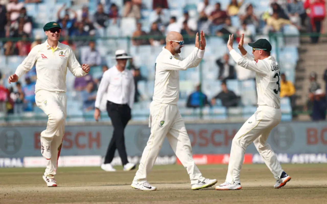 Nathan Lyon celebrating with teammates