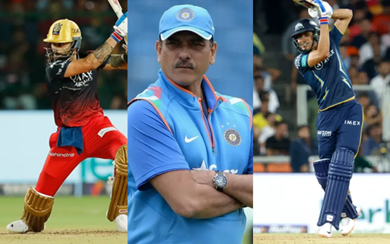 Virat Kohli (left) Ravi Shastri (middle) and Shubman Gill (right)