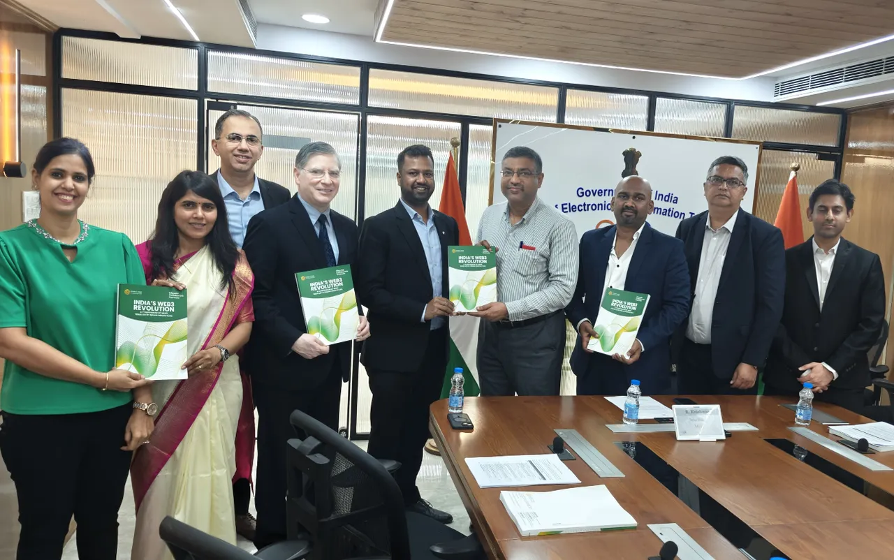 Mr. Dilip Chenoy, the chairperson of the Bharat Web3 Association, presenting the report to Shri S. Krishnan, Secretary of the Ministry of Electronics and Information with their esteemed team members.jpg