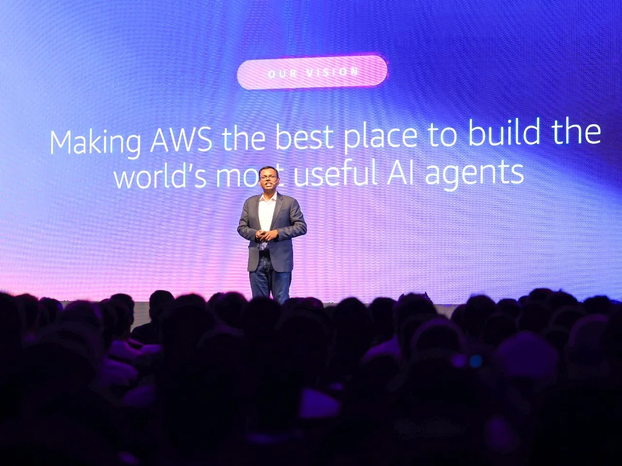 Swami Sivasubramanian, VP for Agentic AI, AWS delivering keynote at AWS DevSphere 2025