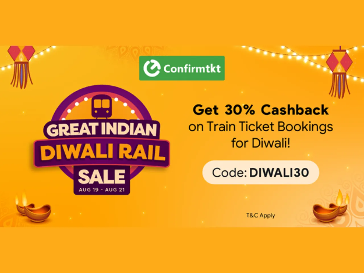Confirmtkt Launches Diwali Rail Sale with 30% Cashback Offer