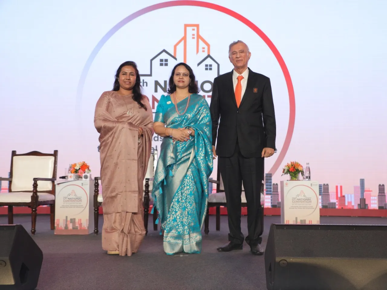 L to R Mrs Meghana Sakore Bordikar Minister of State Government of Maharashtra Mrs Smita Patil President of MAHI NAREDCO and Dr Niranjan Hiranandani Chairman NAREDCO