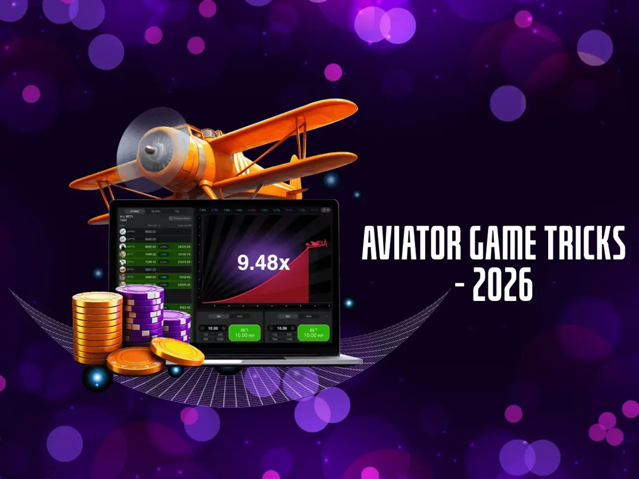 Orange biplane flying above and a laptop screen showing aviator game interface with "9.48x" multipliers. Gold and purple coins are stacked beside it. Text reads "Aviator Game Tricks - 2026." The background is a vibrant purple with glowing circles, conveying a futuristic gaming theme.