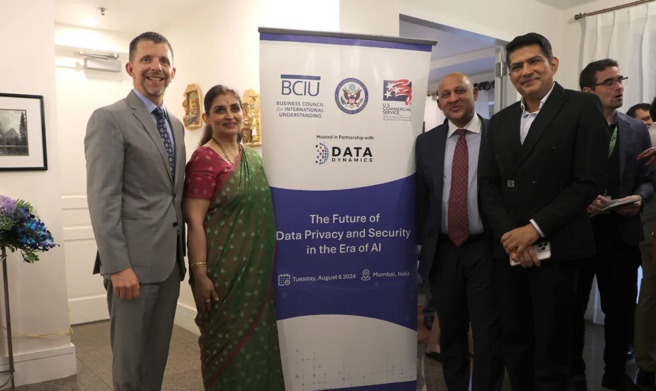 L-R - U.S. Consul General Mike Hankey, Sujata Saunik, Home Secretary of Maharashtra, and Yashasvi Yadav, Piyush Mehta, CEO, Data Dynamics and Special Inspector General of Police, Maharashtra Cyber.jfif