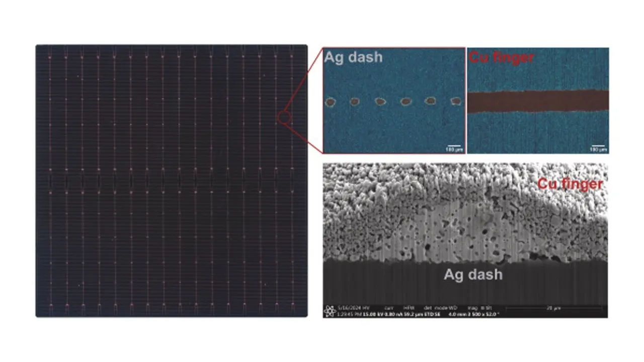 The two-step printing process applies silver dashes first, followed by silver-lean floating fingers and busbars. 