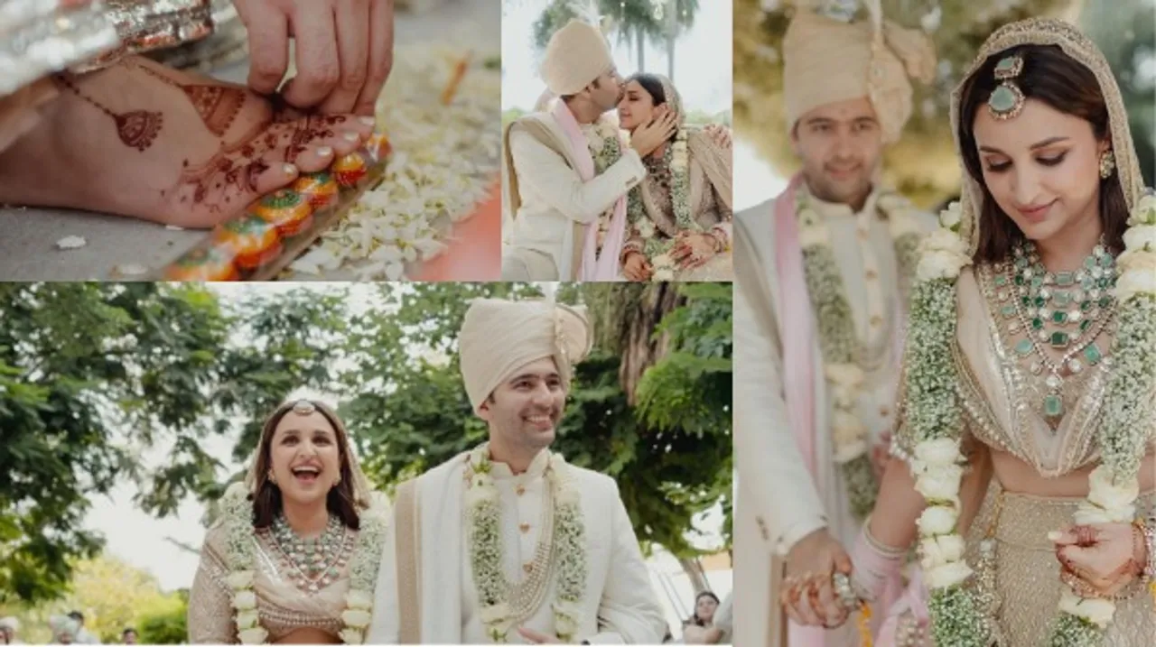 राघव-परिणीति की शादी की तस्वीरें आईं सामने, क्रीम रंग की पोशाकों में आए नजर, देखें तस्वीरें