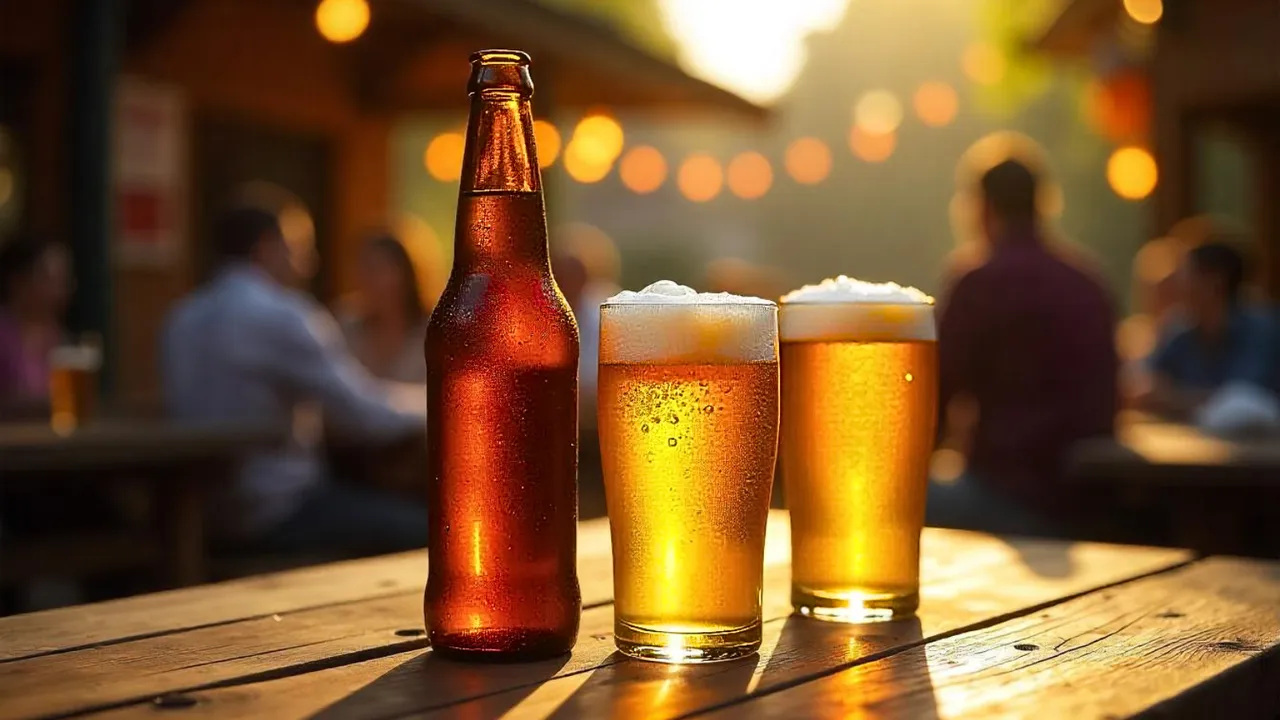 Beer bottle and glasses without brand name