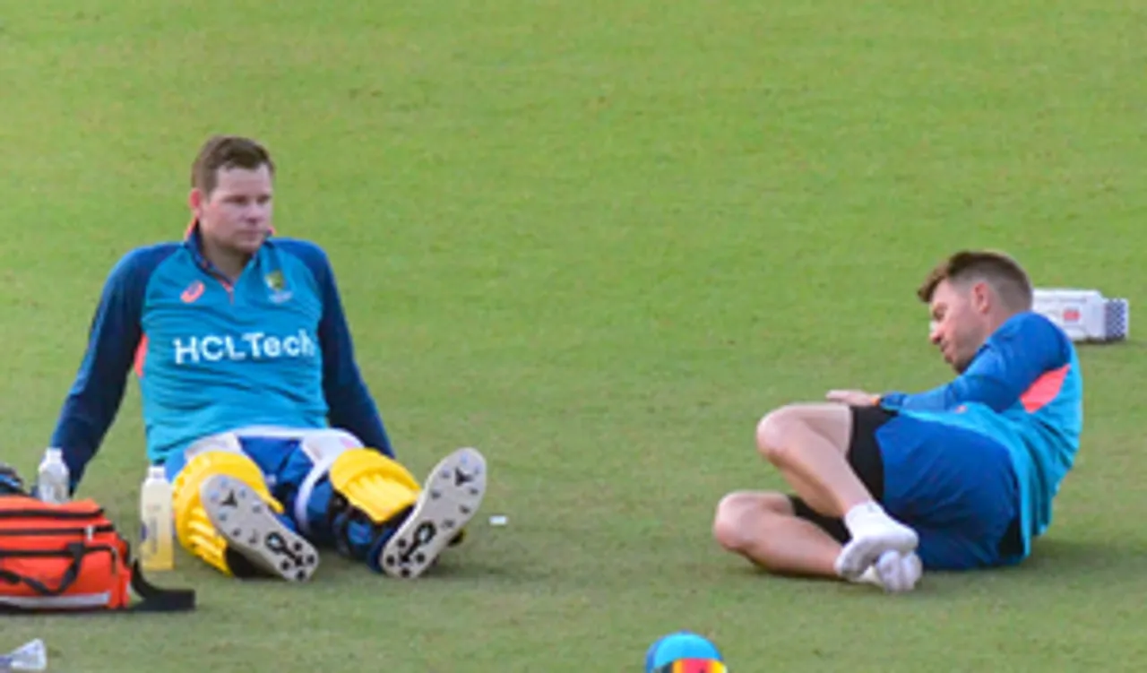 Kolkata: Australian players during a practice session ahead of the ICC Men's World Cup 2023 match