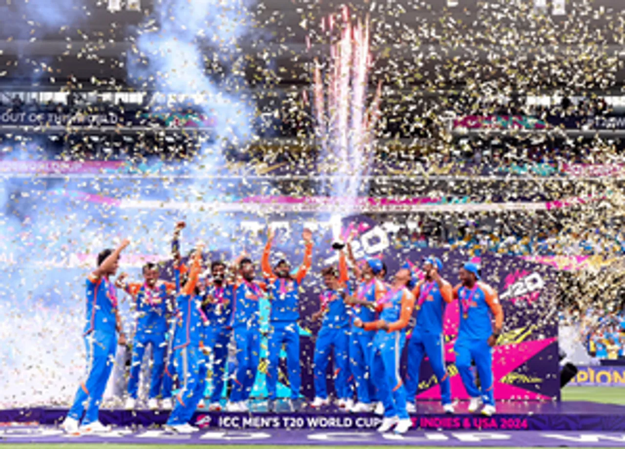 Barbados: Indian players celebrate their victory in the ICC Men's T20 Cricket World Cup Final match against South Africa