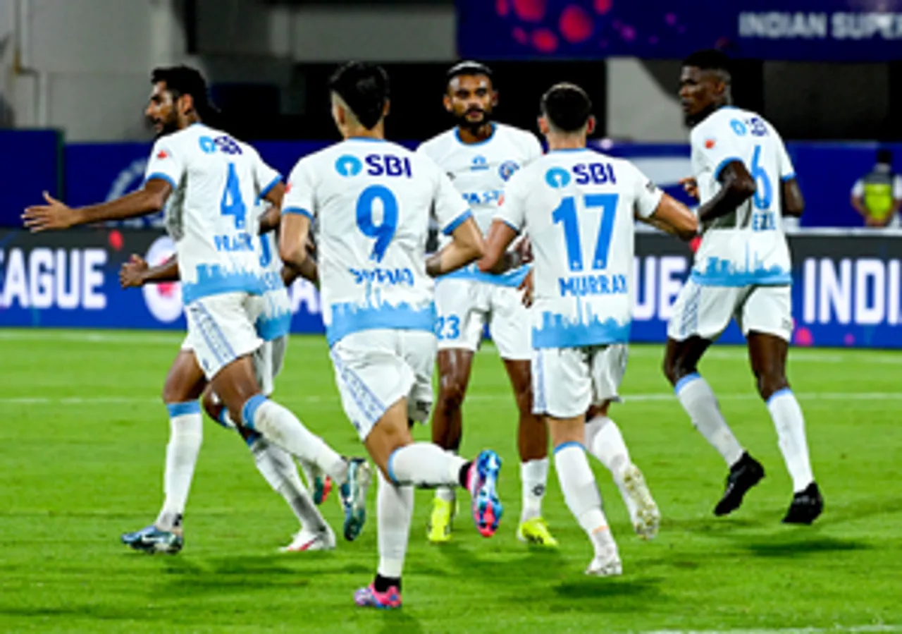 Bhubaneswar: Players in action during the ISL match between Odisha FC and Jamshedpur FC