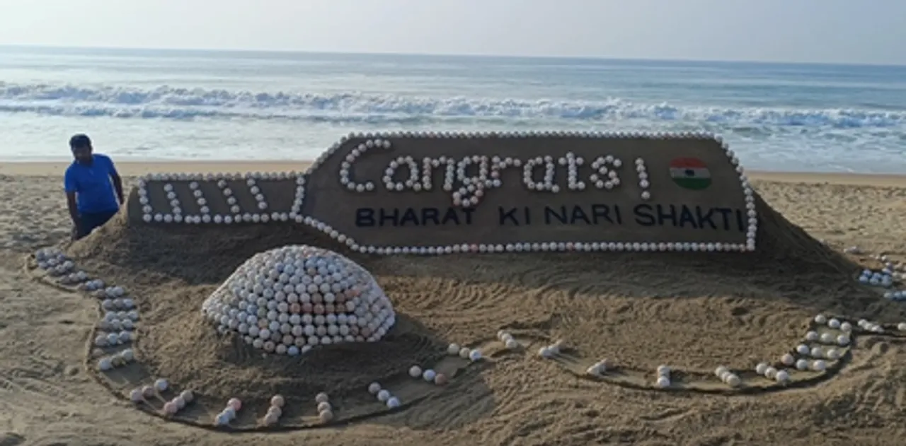 Sudarsan Pattnaik creates sand sculpture to congratulate Indian Women’s Cricket team using numerous cricket balls
