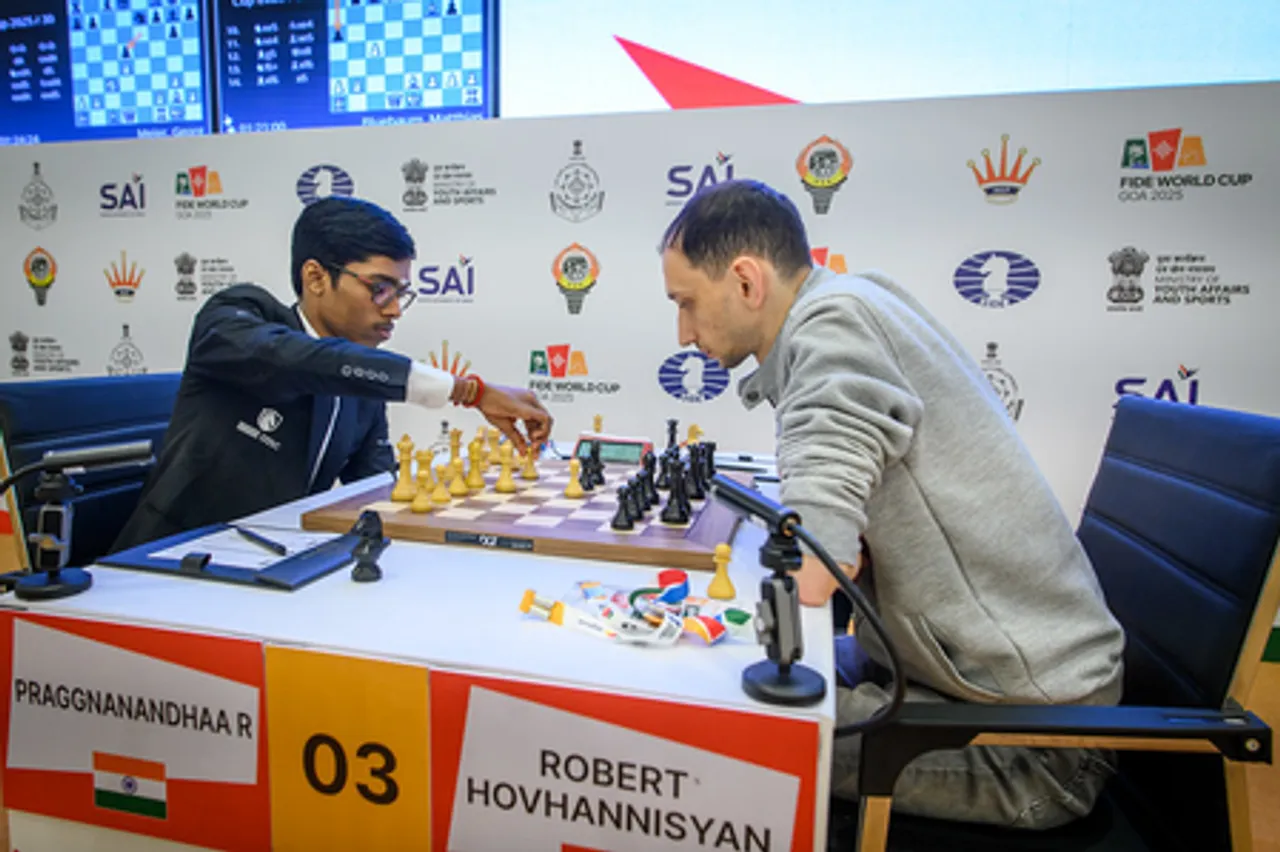World Champion Dommaraju Gukesh exits, while three Indians face tie-breaks in Round 4 of the FIDE World Cup 2025 in Panaji, Goa, on Saturday. Photo credit: FIDE