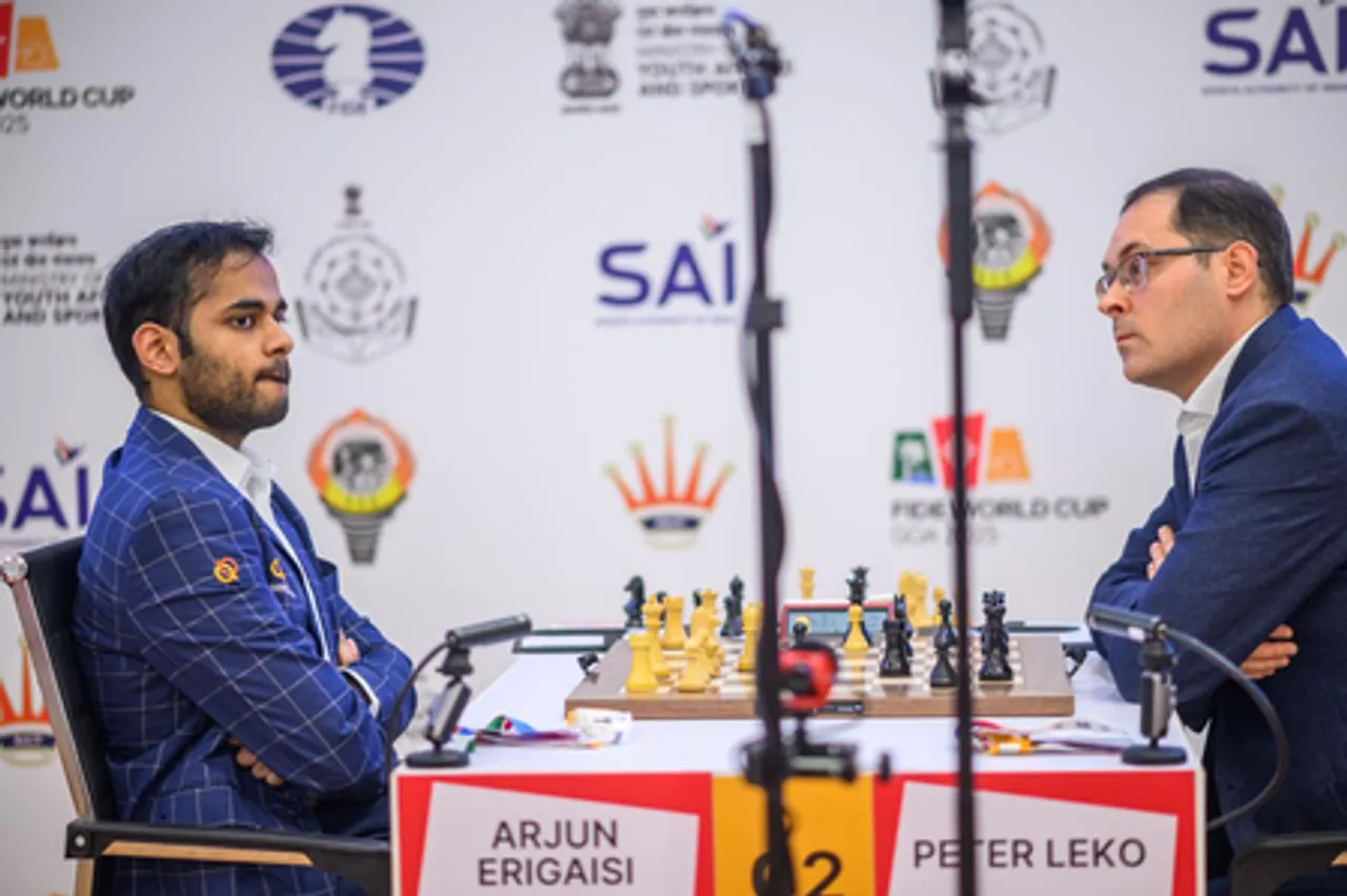 Arjun Erigaisi, Rameshbabu Praggnanandhaa, and Pentala Harikrishna head to tiebreak in fourth round after drawing both games in the FIDE World Cup 2025 being played in Panaji, Goa, on Wednesday. Photo credit: FIDE