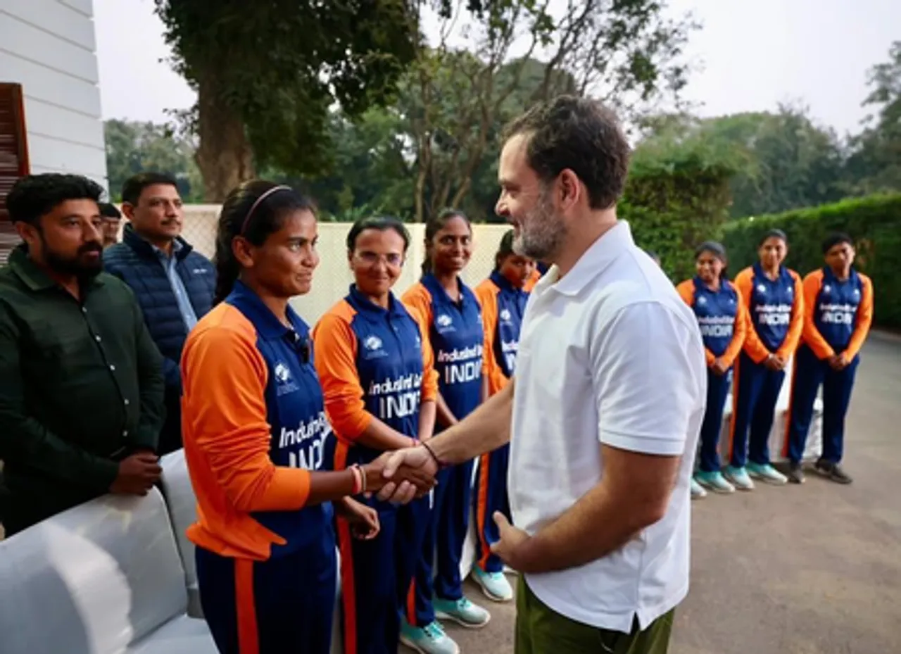 'India is proud of these champions': Leader of Opposition Rahul Gandhi meets blind women's World Cup-winning team in New Delhi on Wednesday. Photo credit: RahulGandhi/X
